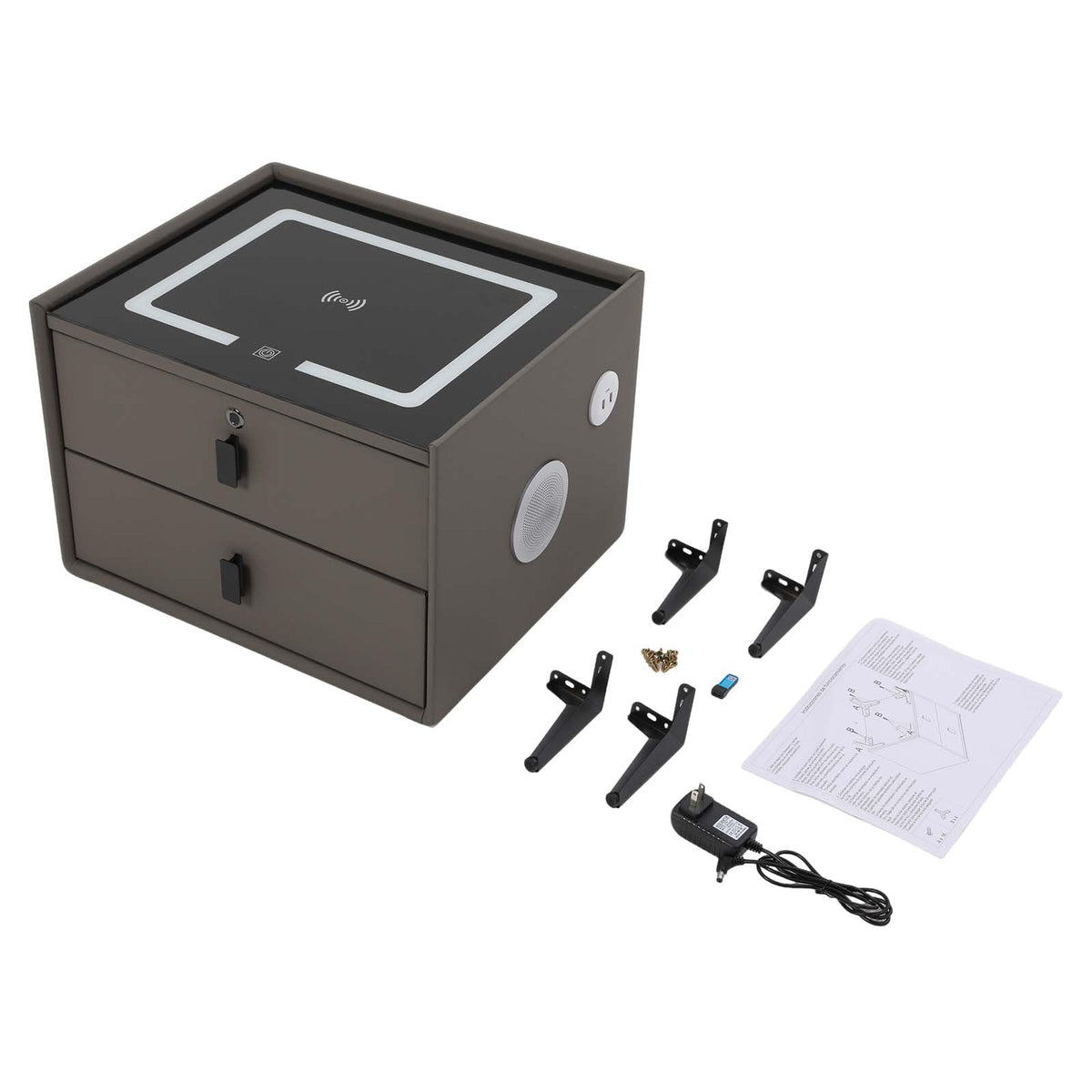 Dark Grey Smart Nightstand with Wireless Charging and LED Lights A55277