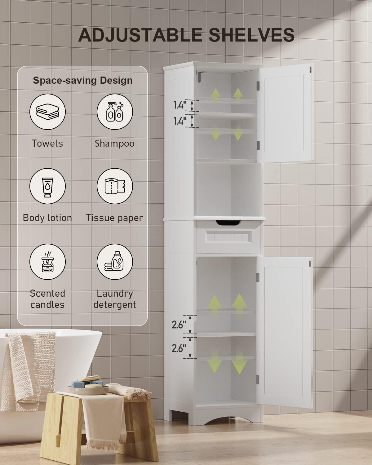 67” H Tall White Bathroom Storage Cabinet G7440