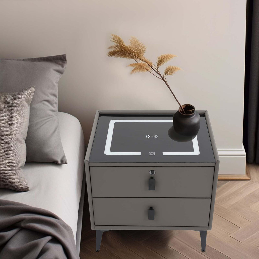 Dark Grey Smart Nightstand with Wireless Charging and LED Lights A55277