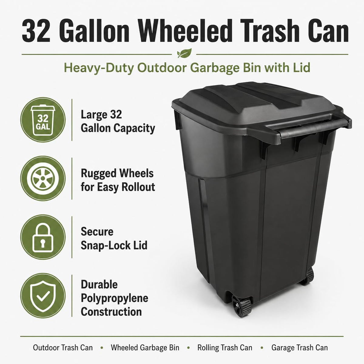 32 Gallon Wheeled Heavy-Duty Outdoor Trash Can O1783