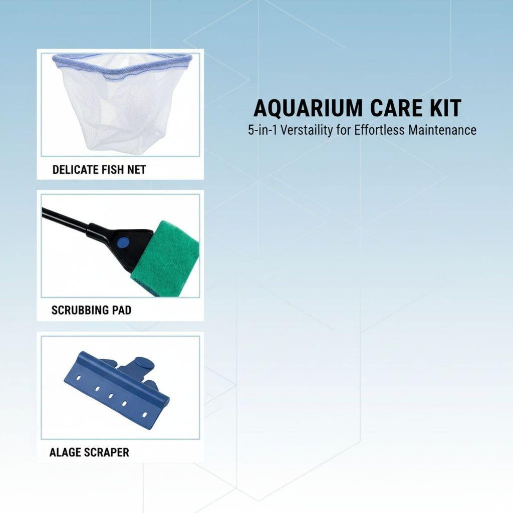 5 in 1 Aquarium Cleaning Kit with Algae Scraper Gravel Rake Fish Net and Brush G935