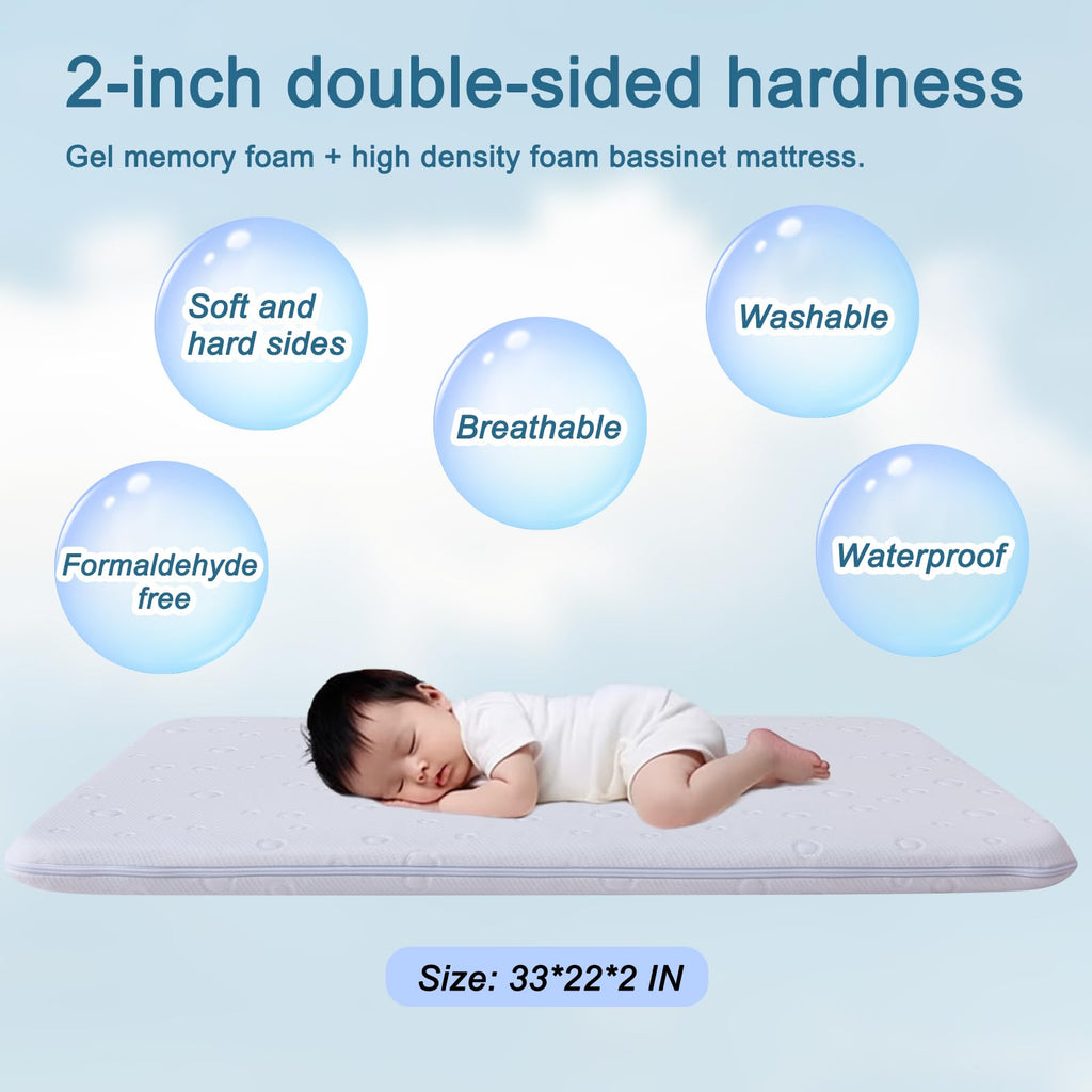 Baby Bassinet Mattress, 42" x 24" x 2" Dual Sided Gel Memory Foam with Removable Cover U944048