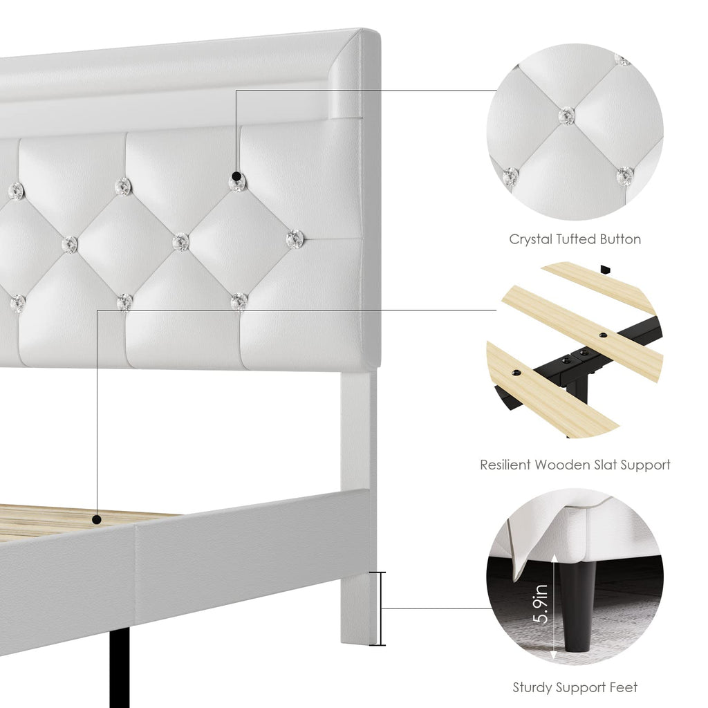 White Faux Leather Upholstered Full Size Platform Bed Frame F5266