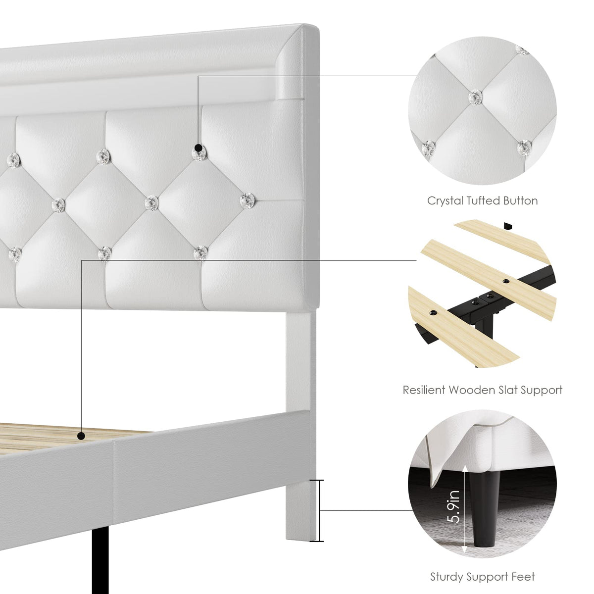 White Faux Leather Upholstered Full Size Platform Bed Frame F5266