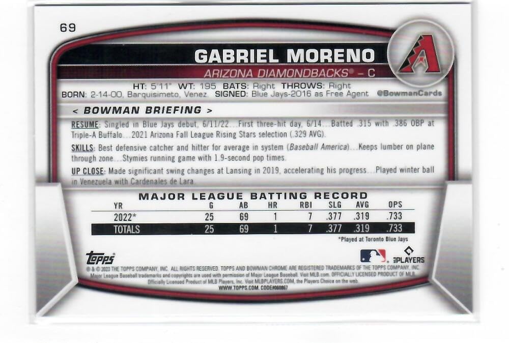 2023 Bowman Chrome Mega Box Mojo Refractor Navy #69 Gabriel Moreno RC Rookie Card /175 Arizona Diamondbacks Baseball NM-MT W952