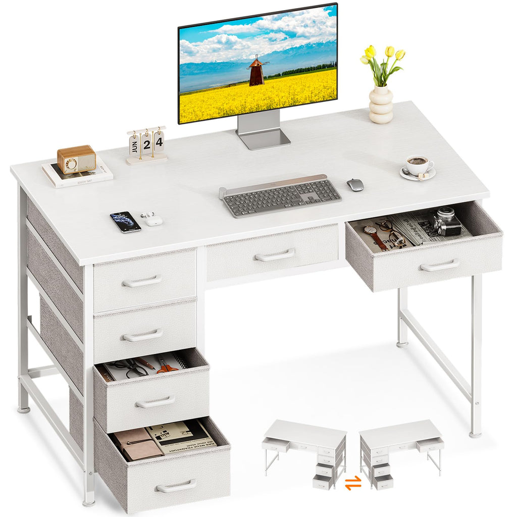 White Computer Desk with 6 Drawers D111