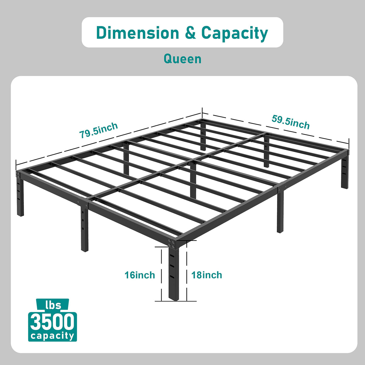18 Inch Queen Metal Platform Bed Frame Heavy Duty Black C695