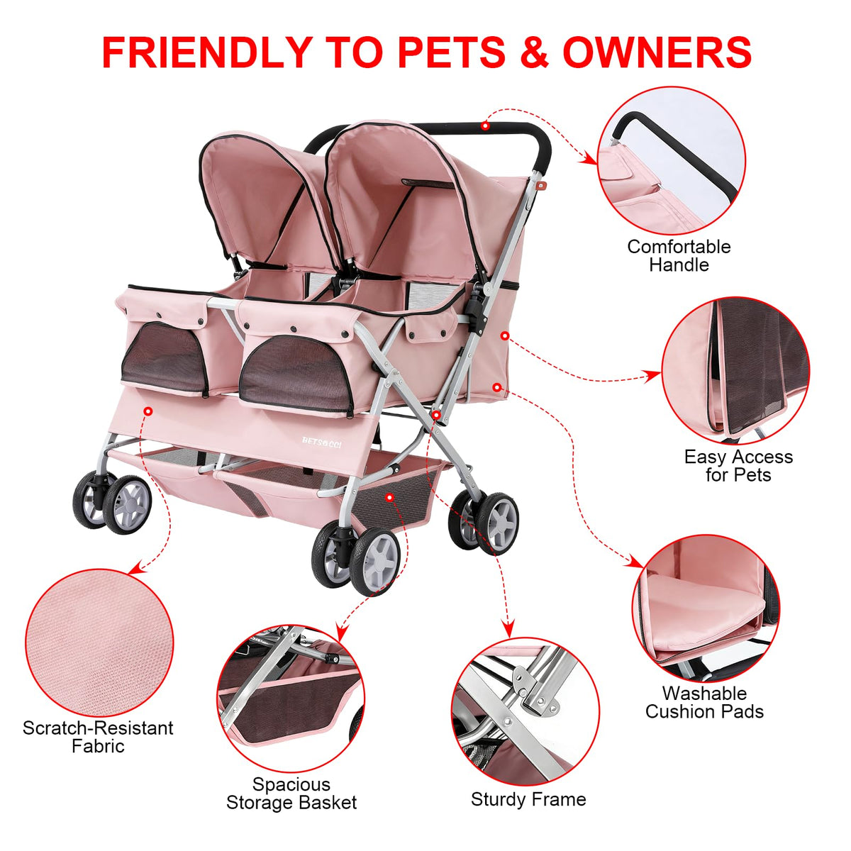 Double Pet Stroller for 2 Small Dogs & Cats, Side-by-Side Twin Travel Carriage with Safety Leashes, Mesh Windows & Double Storage Baskets, Lightweight & Foldable, 44lbs Capacity, Pink G657135