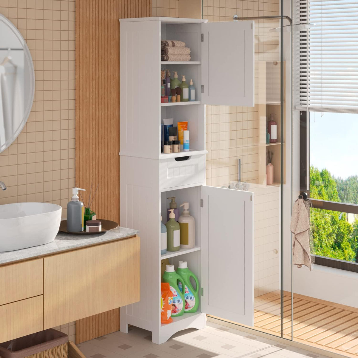 67” H Tall White Bathroom Storage Cabinet G7440