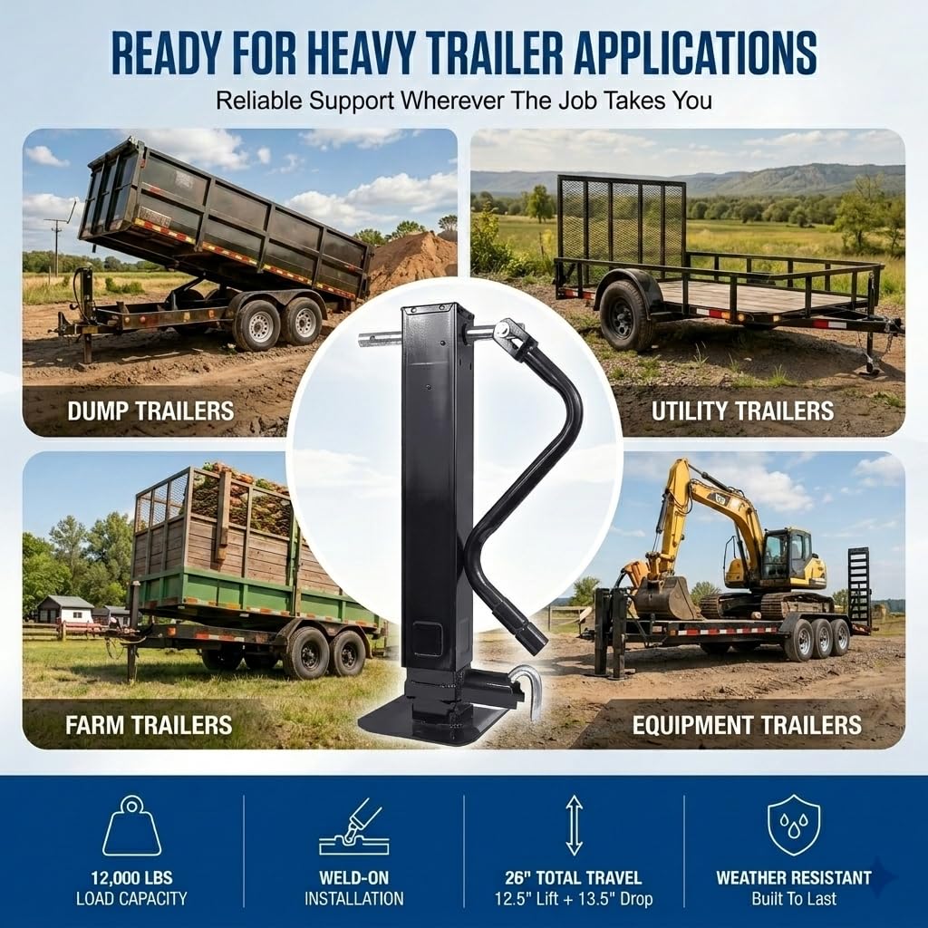 12000 LBS Weld-On Trailer Jack 4" Square Tube 26" Travel Side Wind Black M4161