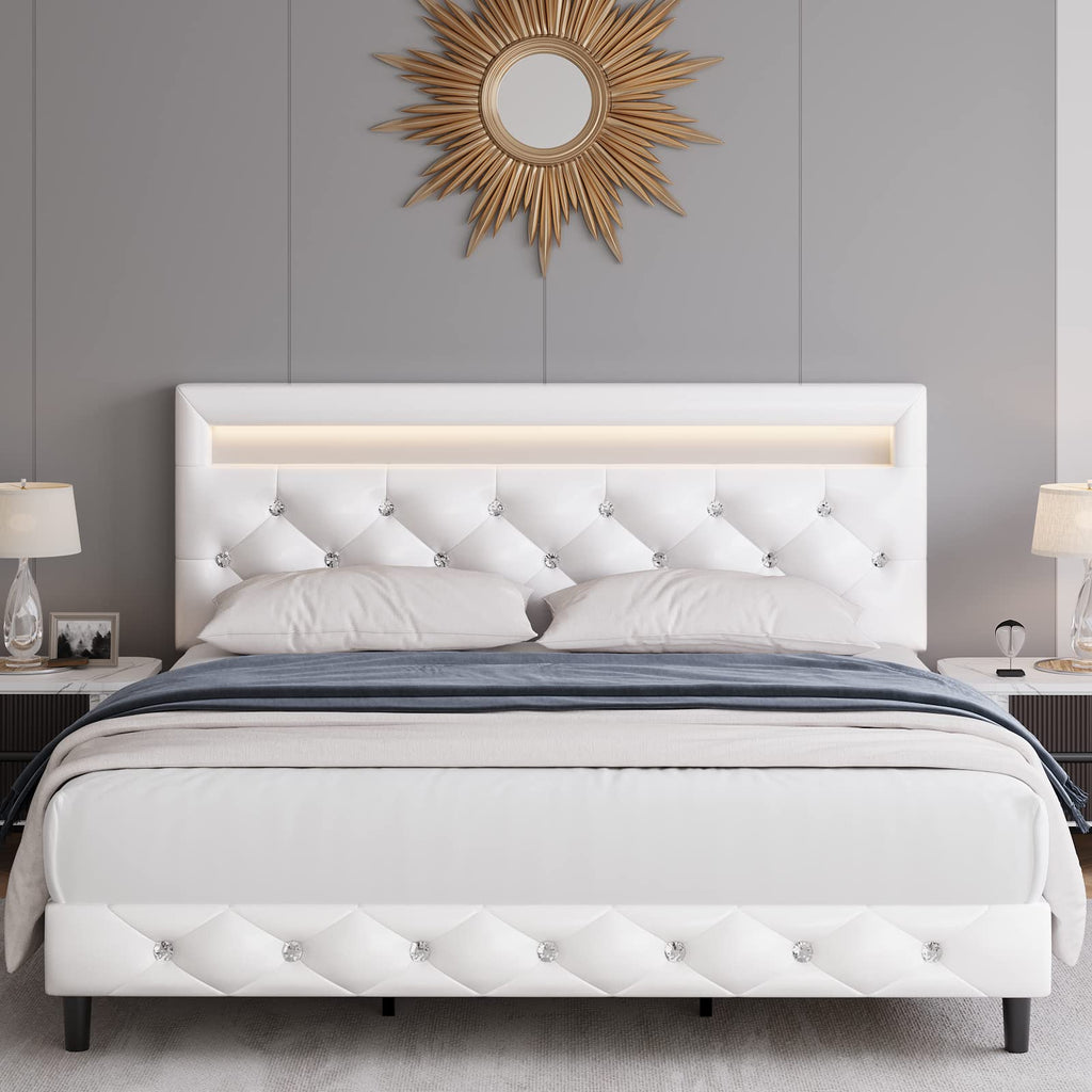 White Faux Leather Upholstered Full Size Platform Bed Frame F5266