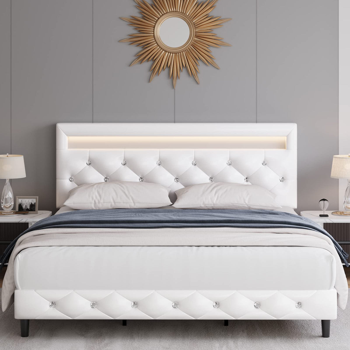 White Faux Leather Upholstered Full Size Platform Bed Frame F5266
