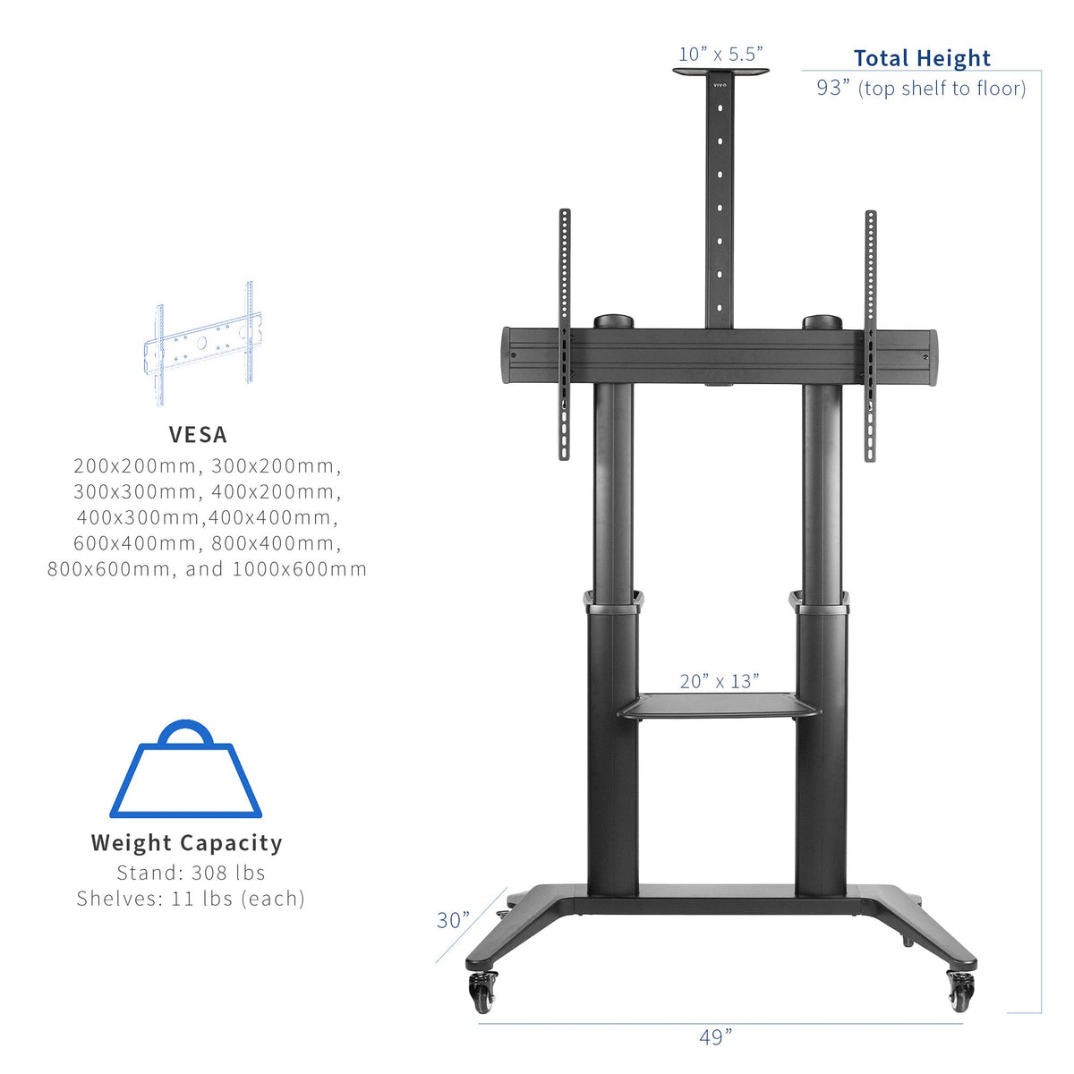 Aluminum Mobile TV Cart for 32 to 120 inch Screens up to 308 lbs, Black Z956686