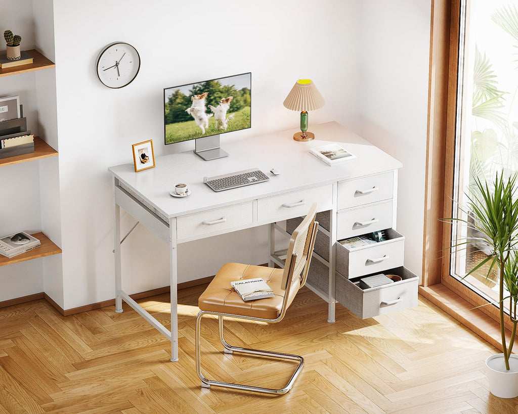 White Computer Desk with 6 Drawers D111