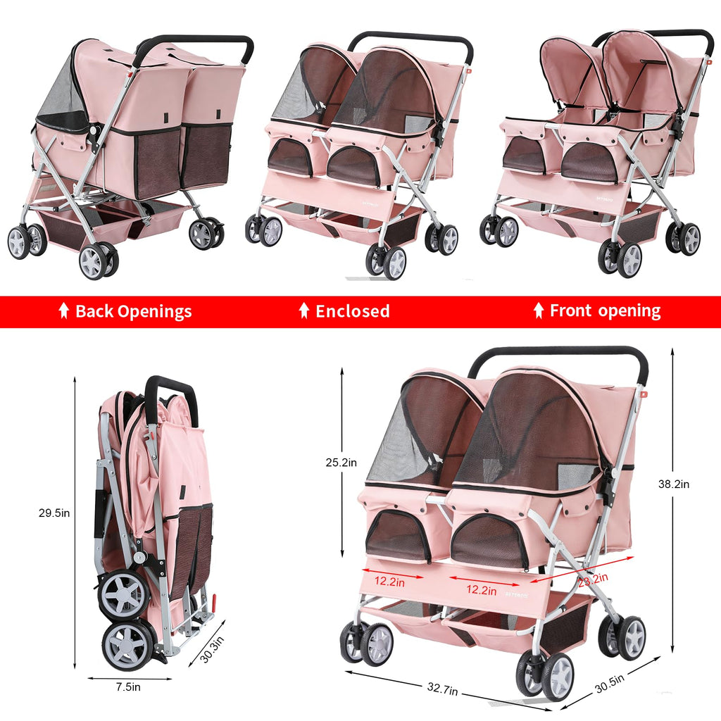 Double Pet Stroller for 2 Small Dogs & Cats, Side-by-Side Twin Travel Carriage with Safety Leashes, Mesh Windows & Double Storage Baskets, Lightweight & Foldable, 44lbs Capacity, Pink G657135