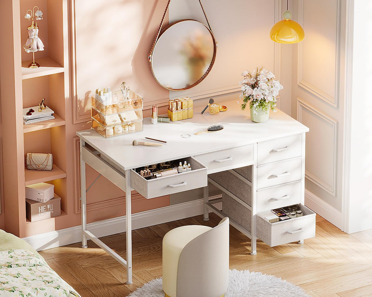 White Computer Desk with 6 Drawers D111