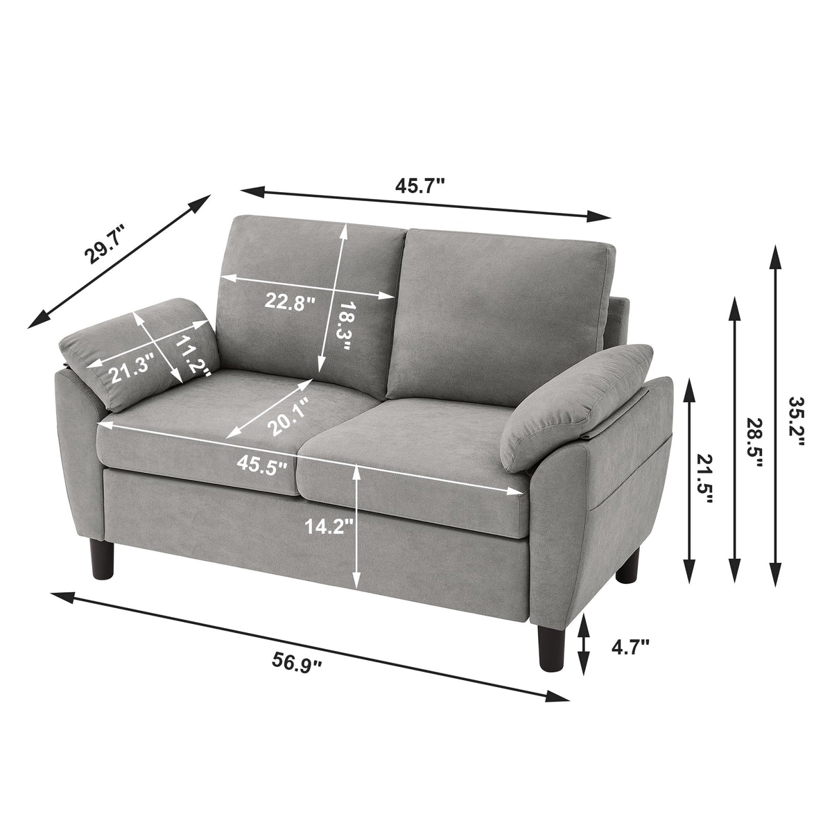 Light Grey Linen Loveseat Sofa with Side Pocket W638591