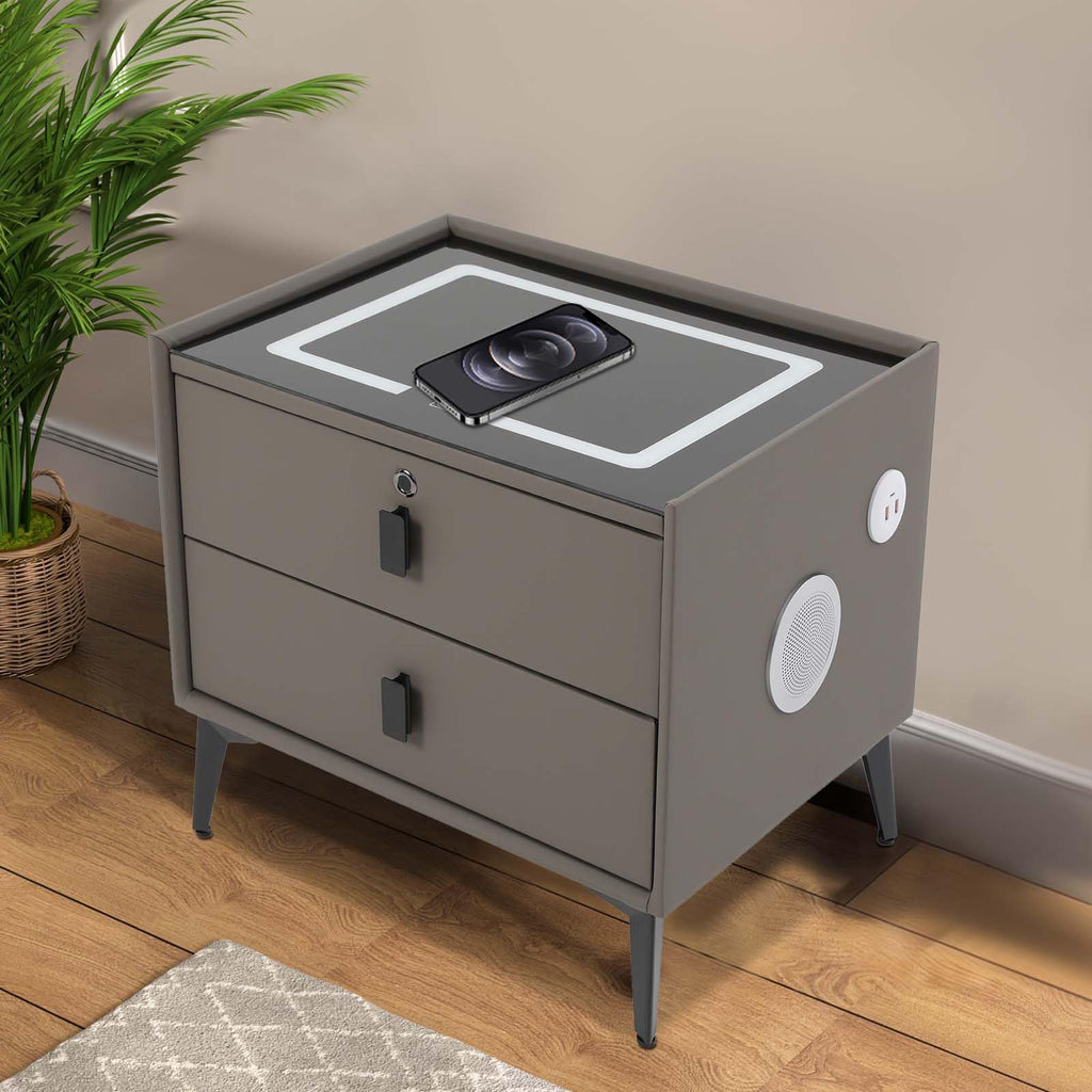 Dark Grey Smart Nightstand with Wireless Charging and LED Lights A55277
