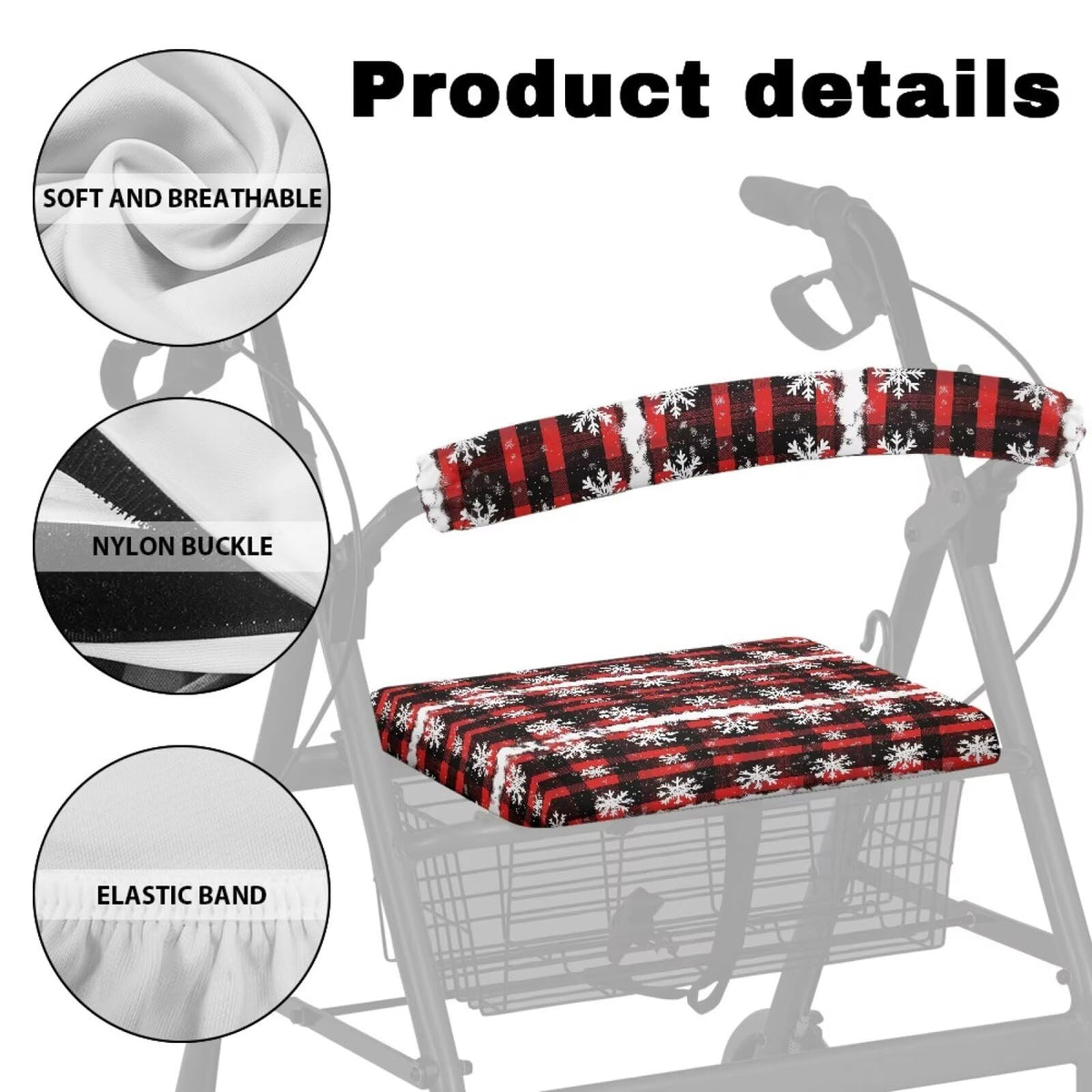 Snowflake Red Plaid Rollator Walker Seat and Backrest Cover Set J969