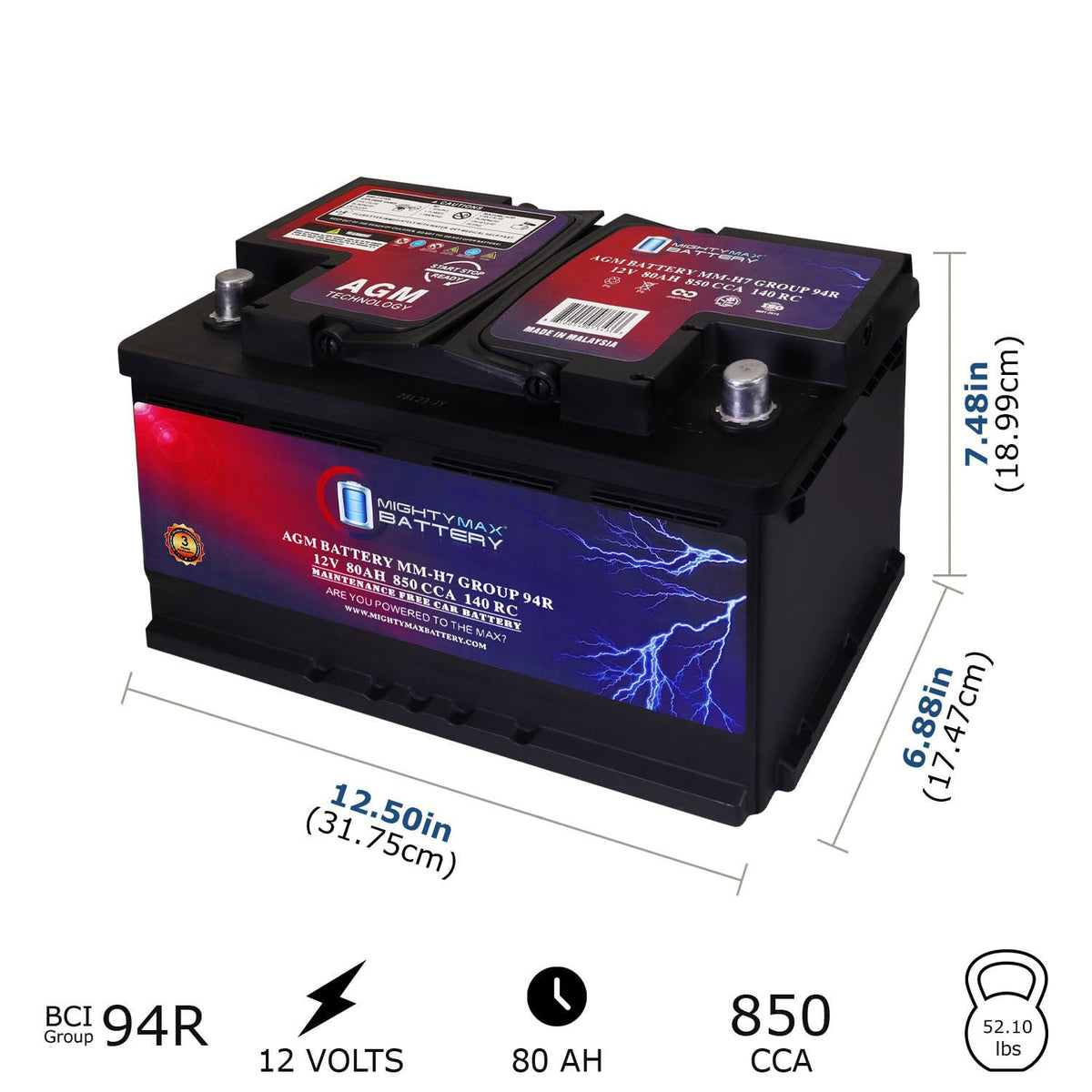 12V 80AH 850 CCA Replacement Battery H34098