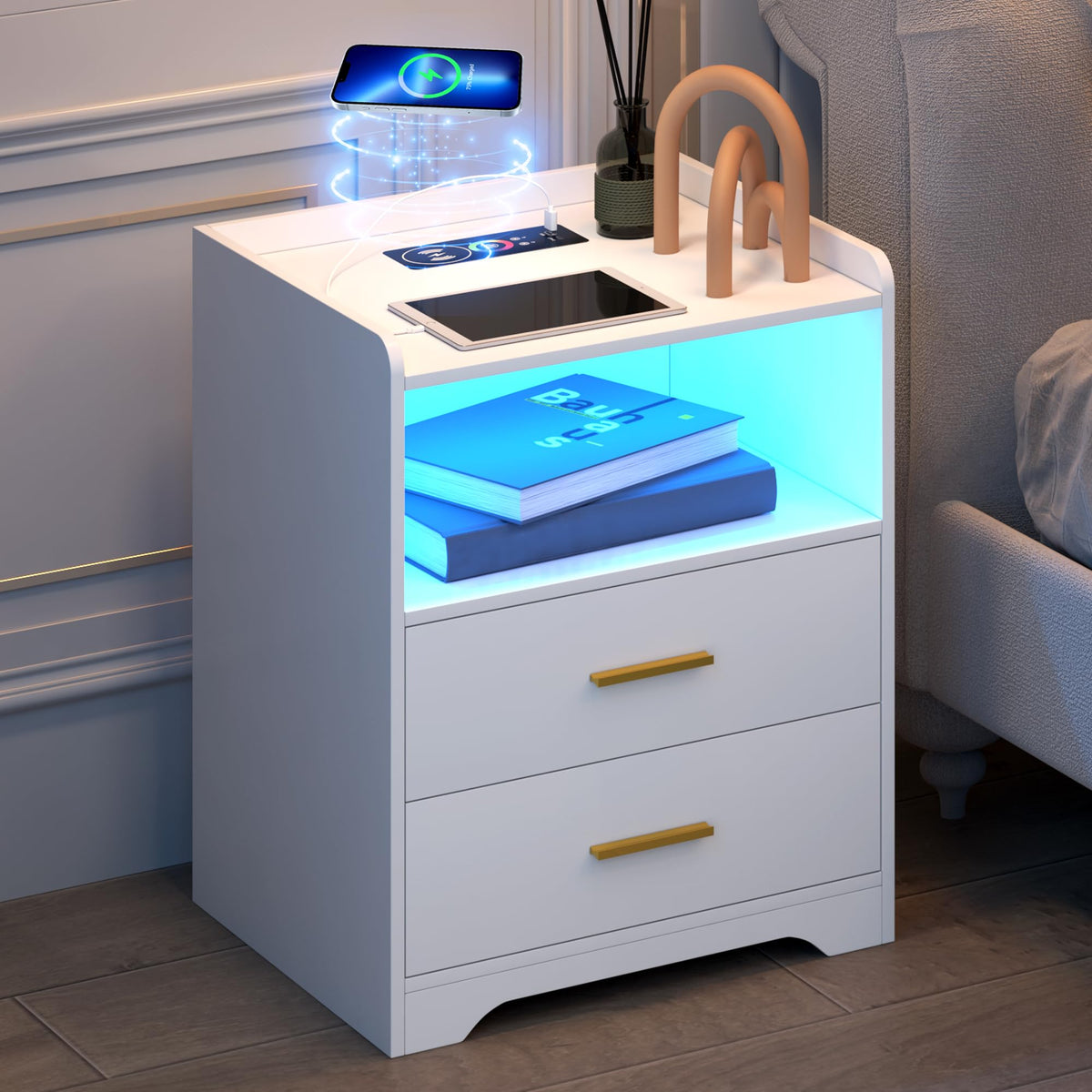 White Nightstand with Charging Station J747537