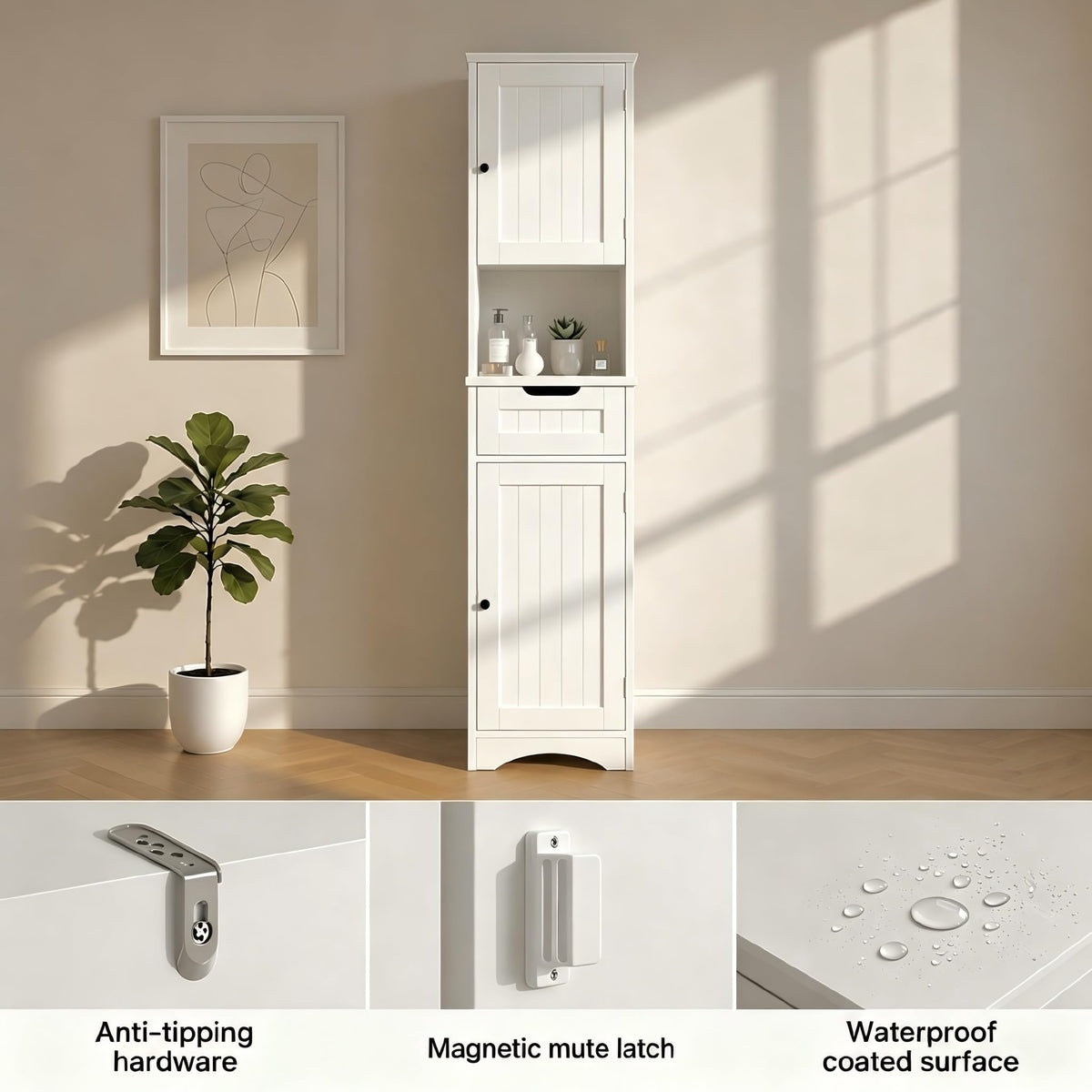 67” H Tall White Bathroom Storage Cabinet G7440