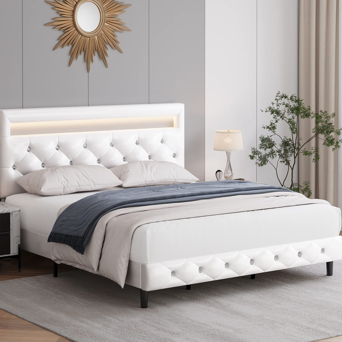 White Faux Leather Upholstered Full Size Platform Bed Frame F5266