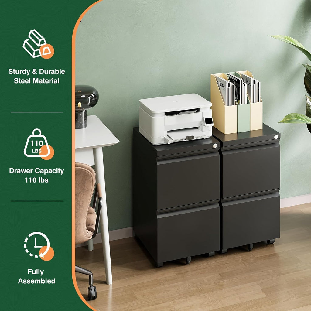 2 Drawer Black Metal Mobile File Cabinet with Lock E9862
