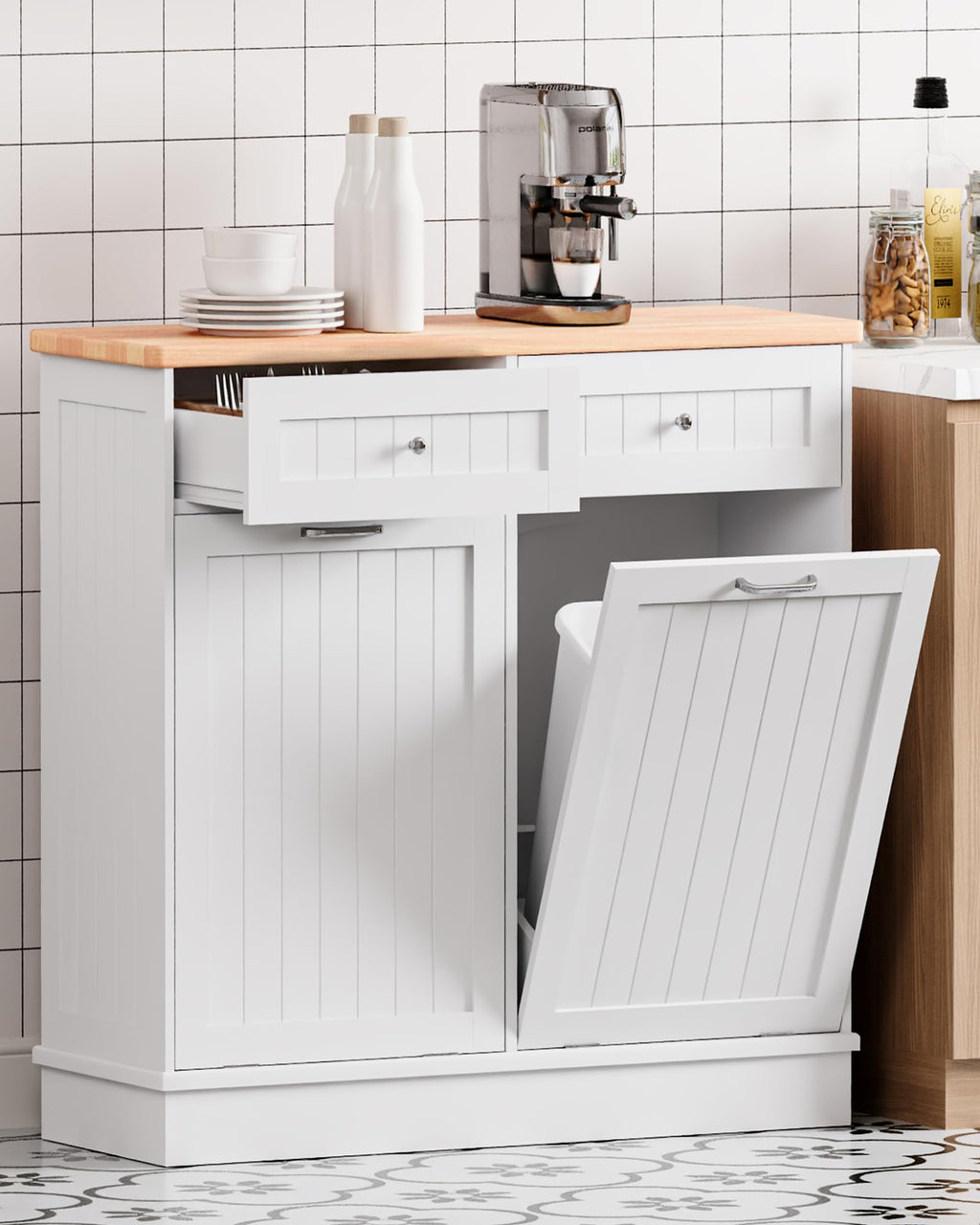 2 x 10 Gallon White Tilt Out Trash Cabinet with 2 Storage Drawer E6010