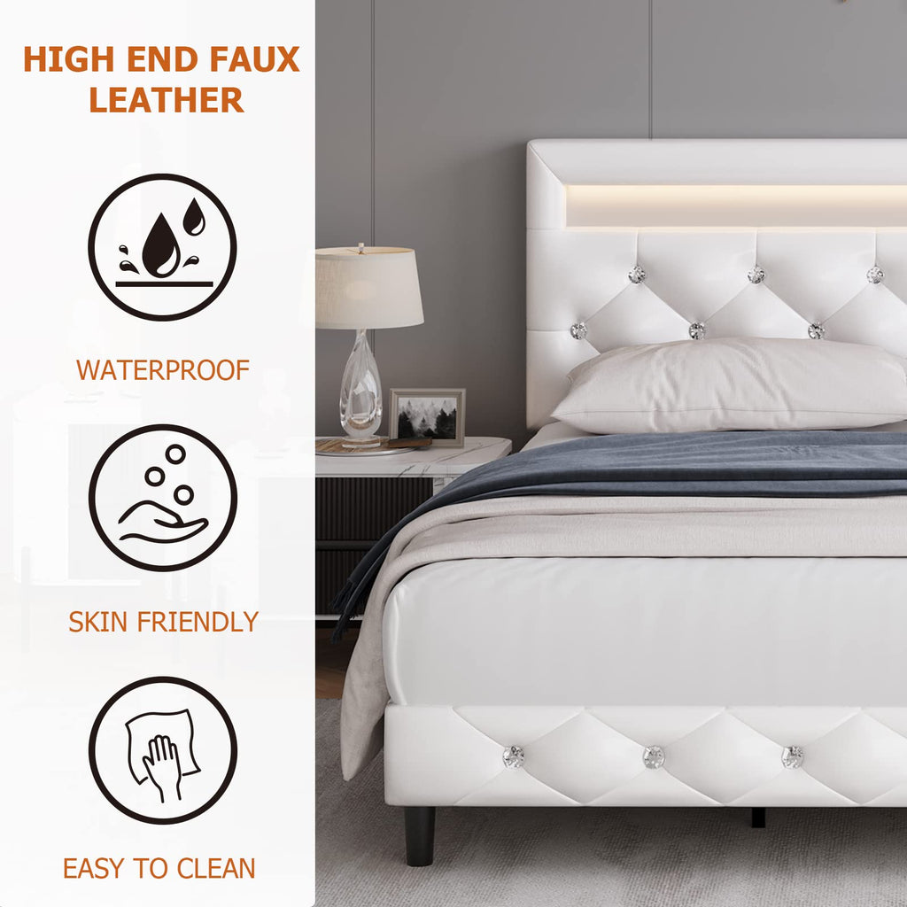 White Faux Leather Upholstered Full Size Platform Bed Frame F5266