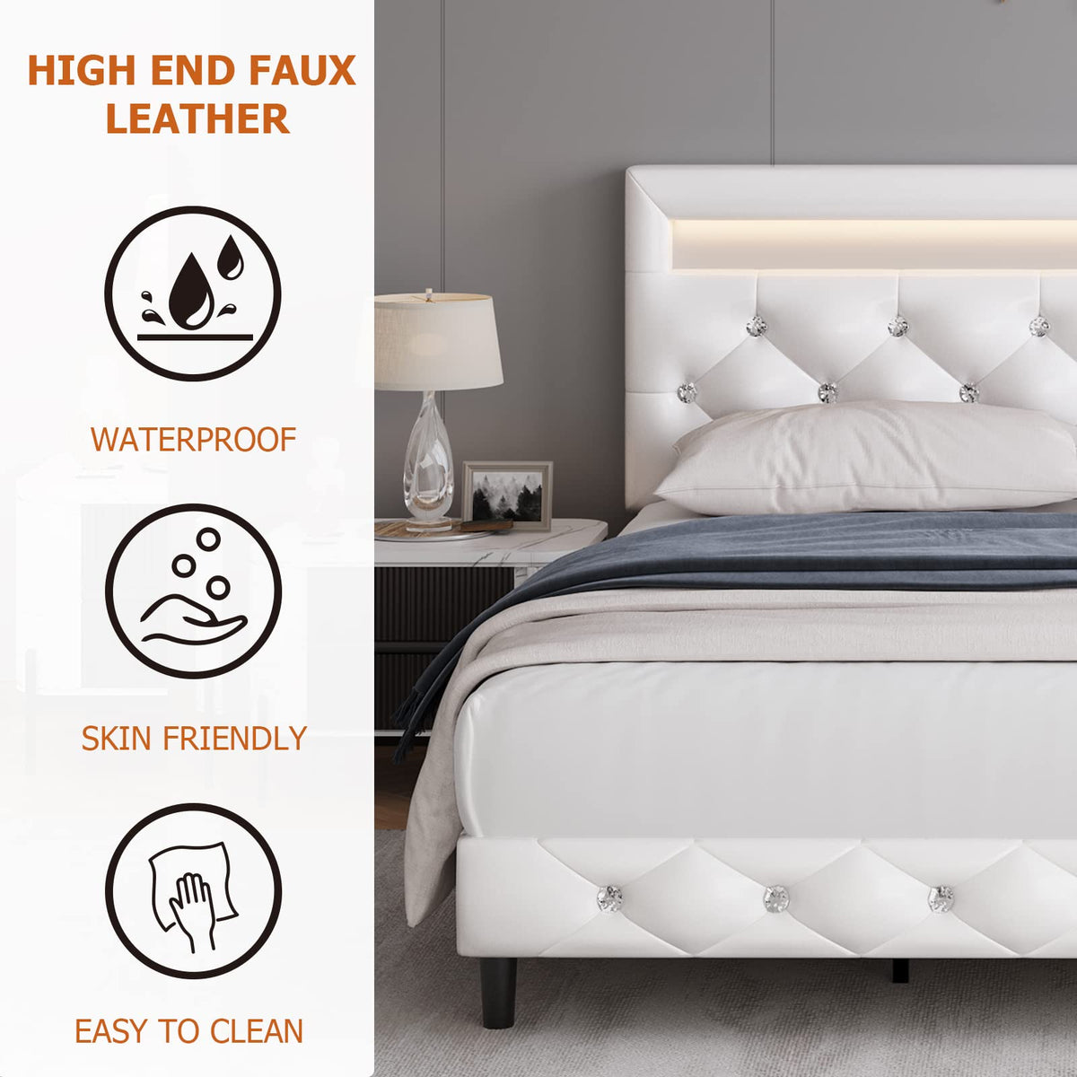 White Faux Leather Upholstered Full Size Platform Bed Frame F5266