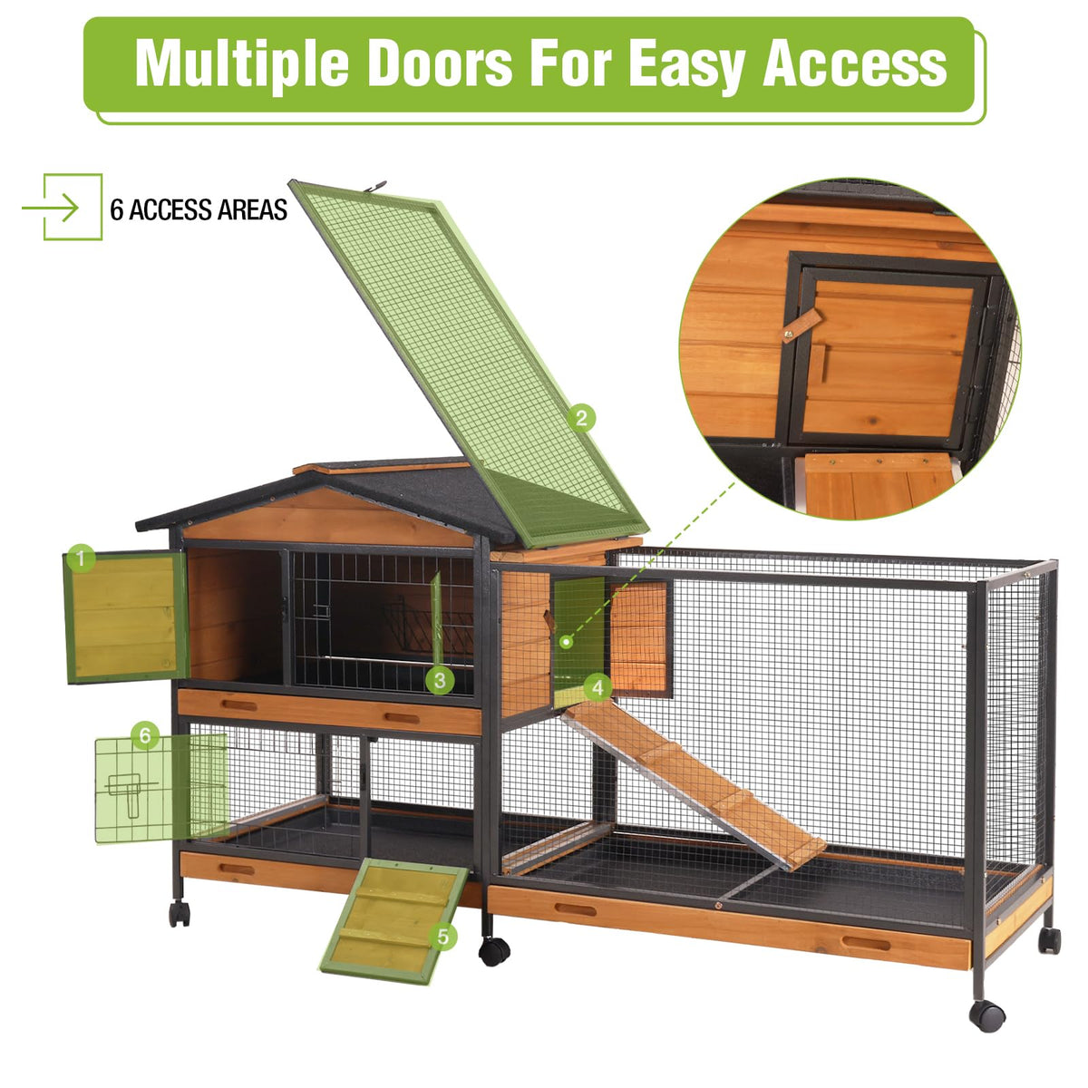 Wooden Rabbit Hutch with Wheels and Pull-Out Tray R72116