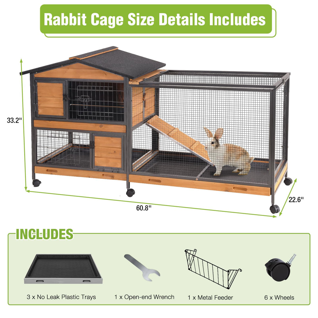 Wooden Rabbit Hutch with Wheels and Pull-Out Tray R72116