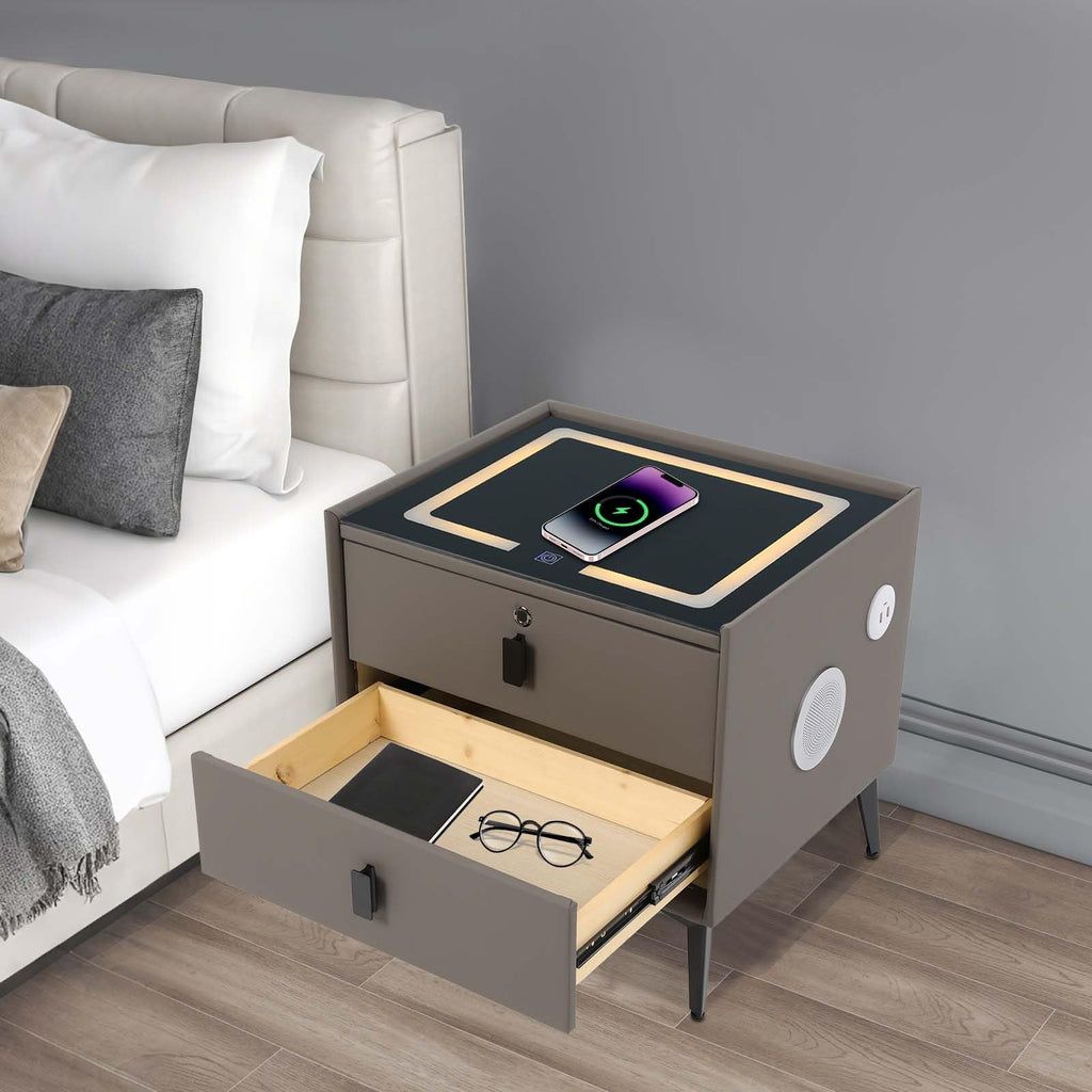 Dark Grey Smart Nightstand with Wireless Charging and LED Lights A55277
