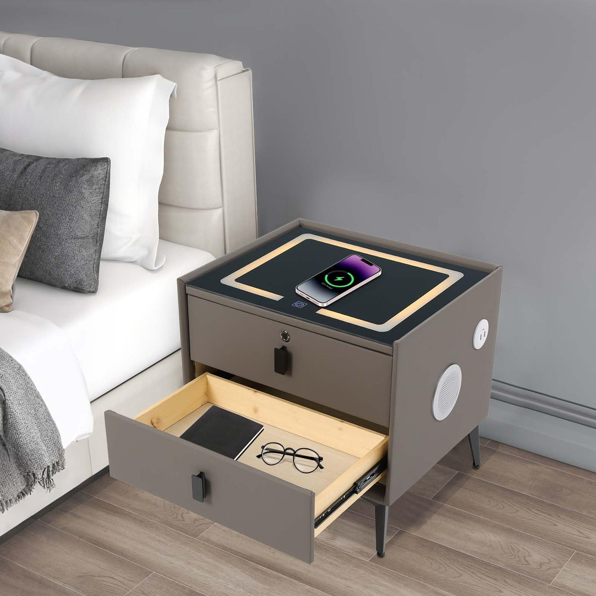 Dark Grey Smart Nightstand with Wireless Charging and LED Lights A55277