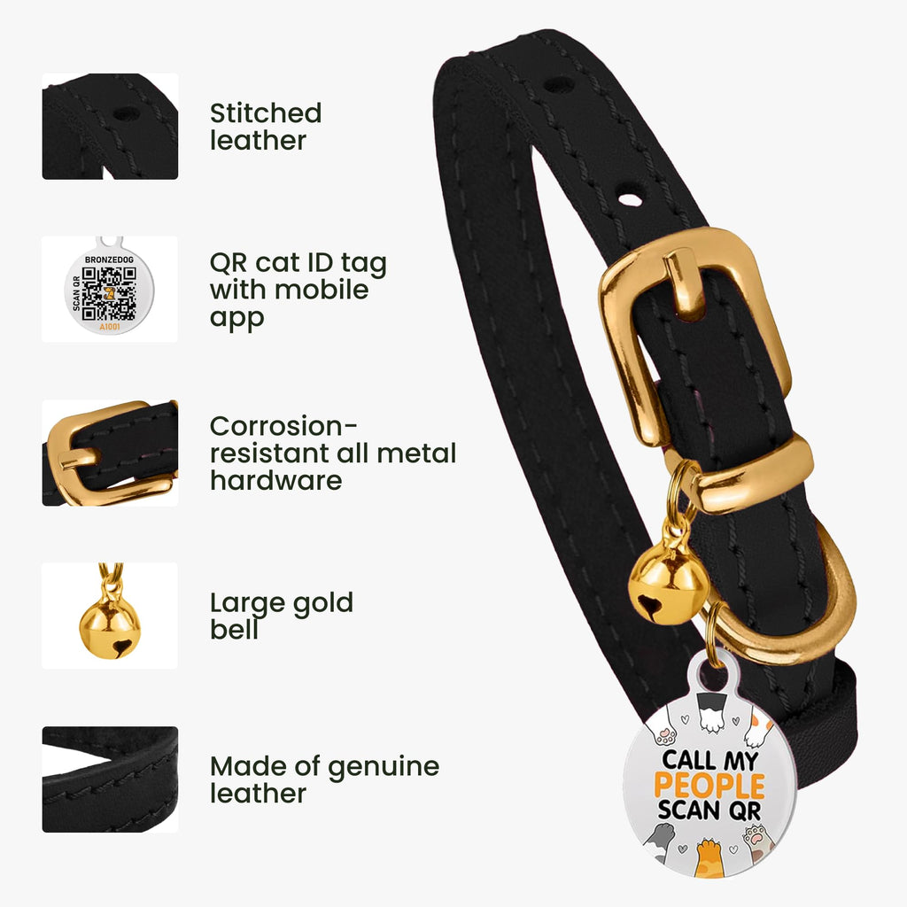Black Gold Leather Cat Collar with Removable Bells T50682