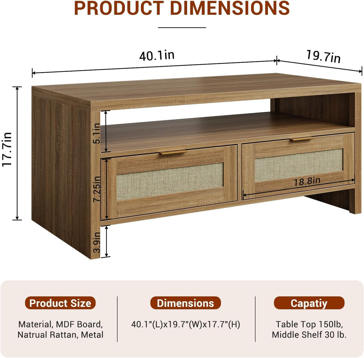 40” Boho Rattan Coffee Table with Storage E3383