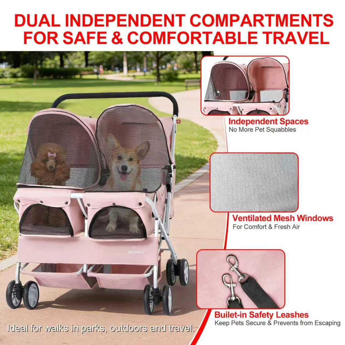 Double Pet Stroller for 2 Small Dogs & Cats, Side-by-Side Twin Travel Carriage with Safety Leashes, Mesh Windows & Double Storage Baskets, Lightweight & Foldable, 44lbs Capacity, Pink G657135