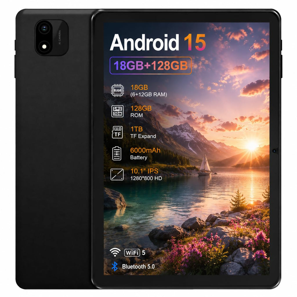 Android 15 Tablet, 10.1 Inch 18GB RAM 128GB ROM, 1TB Expandable, 1280 * 800 HD Display, 5G WiFi, BT5, 6000mAh Battery, GMS B65574