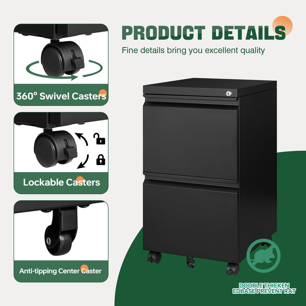 2 Drawer Black Metal Mobile File Cabinet with Lock E9862