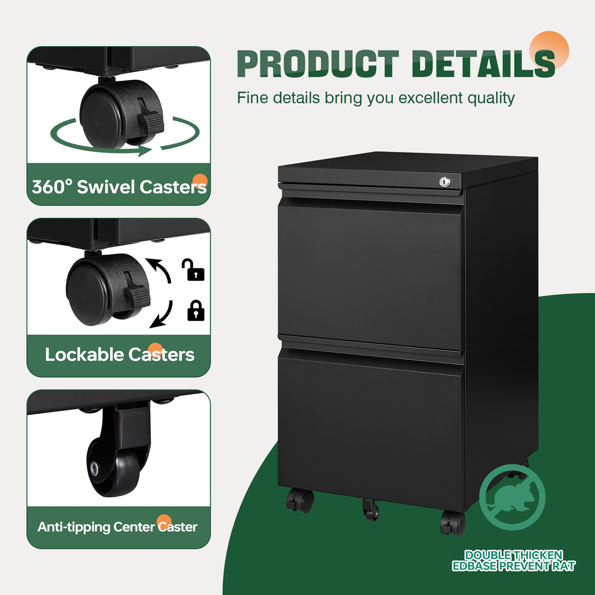 2 Drawer Black Metal Mobile File Cabinet with Lock E9862