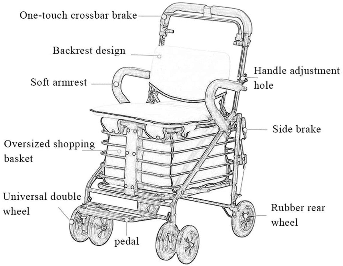 Rollator Walker Shopping Trolley with Seat Pedal Side Brake Red O11316