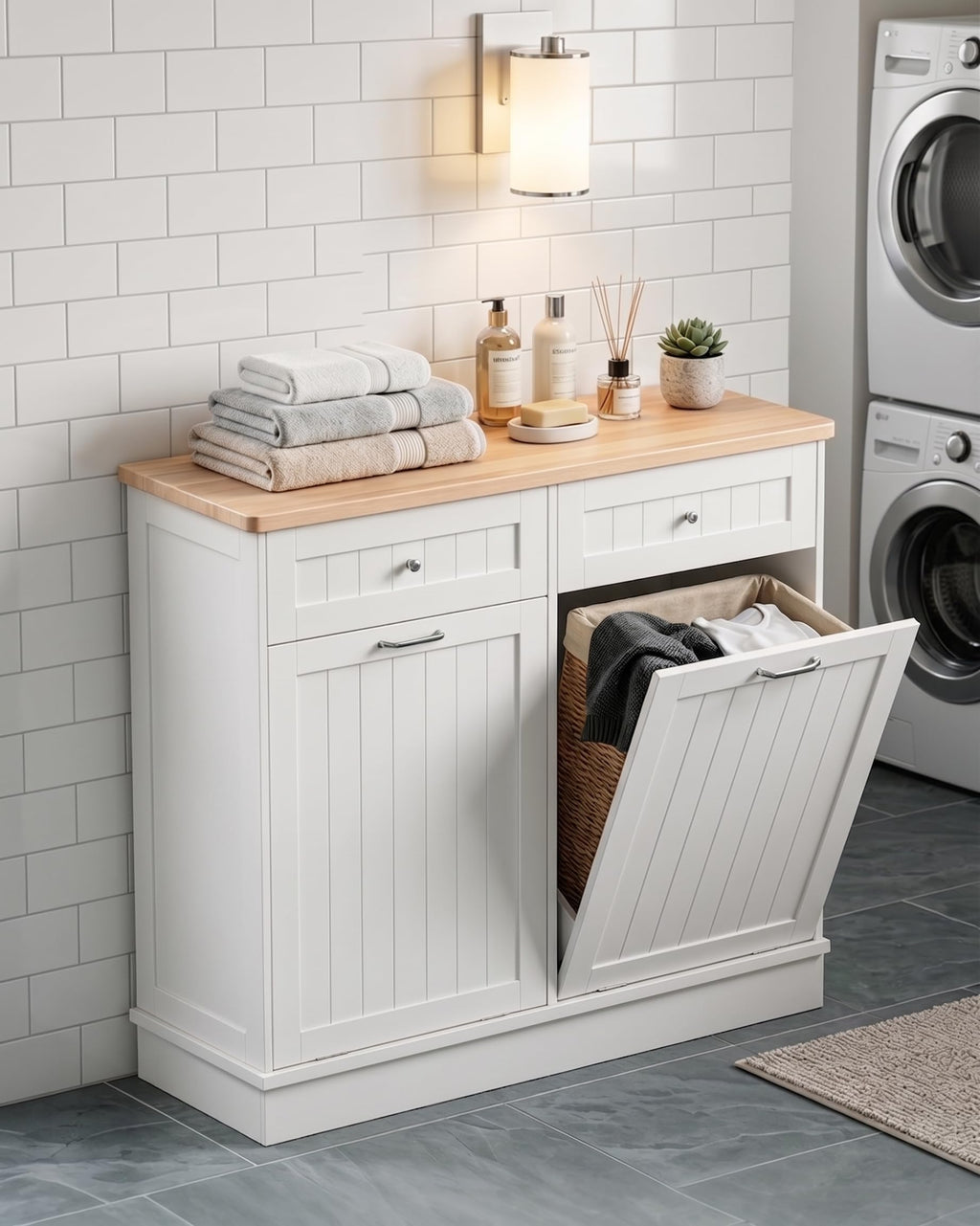 2 x 10 Gallon White Tilt Out Trash Cabinet with 2 Storage Drawer E6010