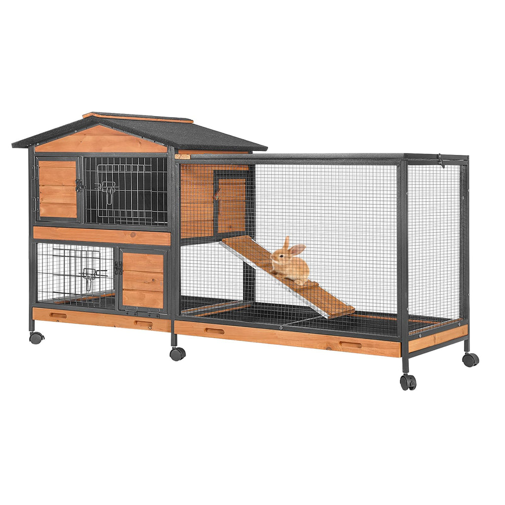 Wooden Rabbit Hutch with Wheels and Pull-Out Tray R72116