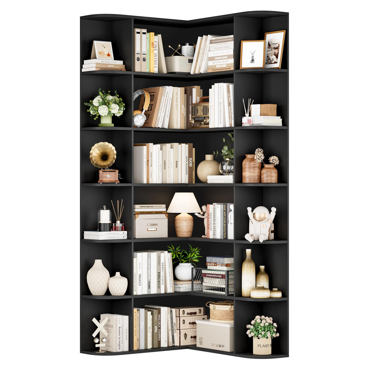 72" Tall 6-Tier Black Corner Bookshelf O3075