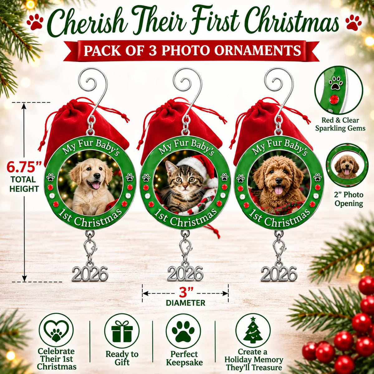 Dog Christmas Photo Ornament 3-Pack 3 Inch B9288
