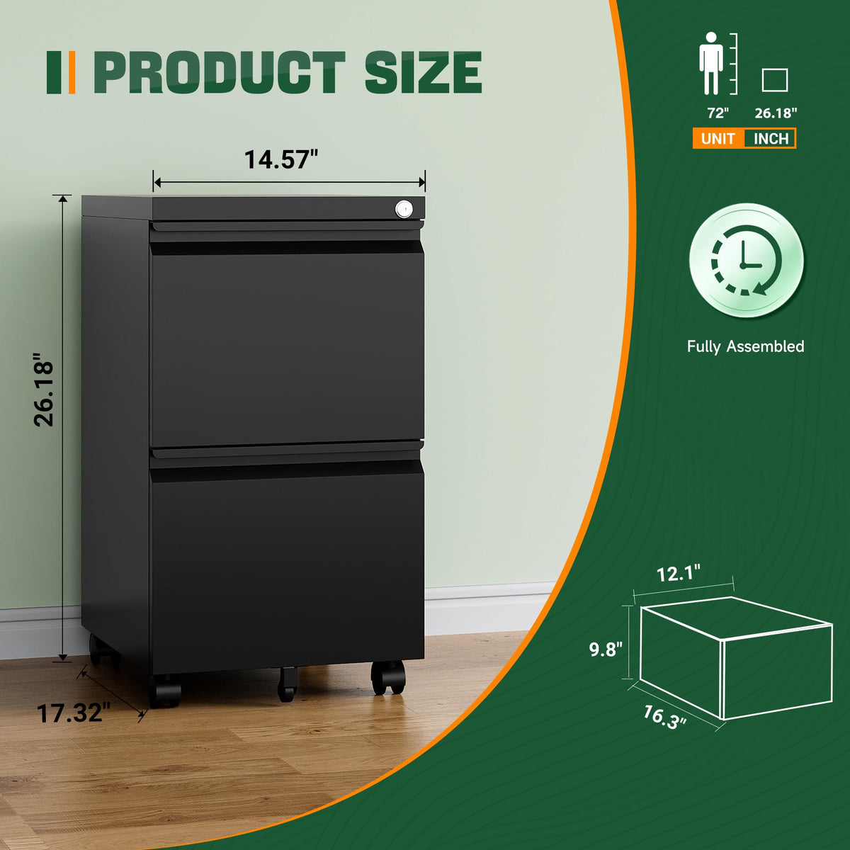 2 Drawer Black Metal Mobile File Cabinet with Lock E9862