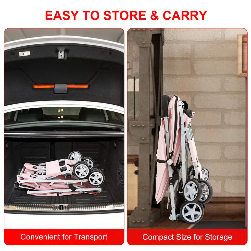 Double Pet Stroller for 2 Small Dogs & Cats, Side-by-Side Twin Travel Carriage with Safety Leashes, Mesh Windows & Double Storage Baskets, Lightweight & Foldable, 44lbs Capacity, Pink G657135