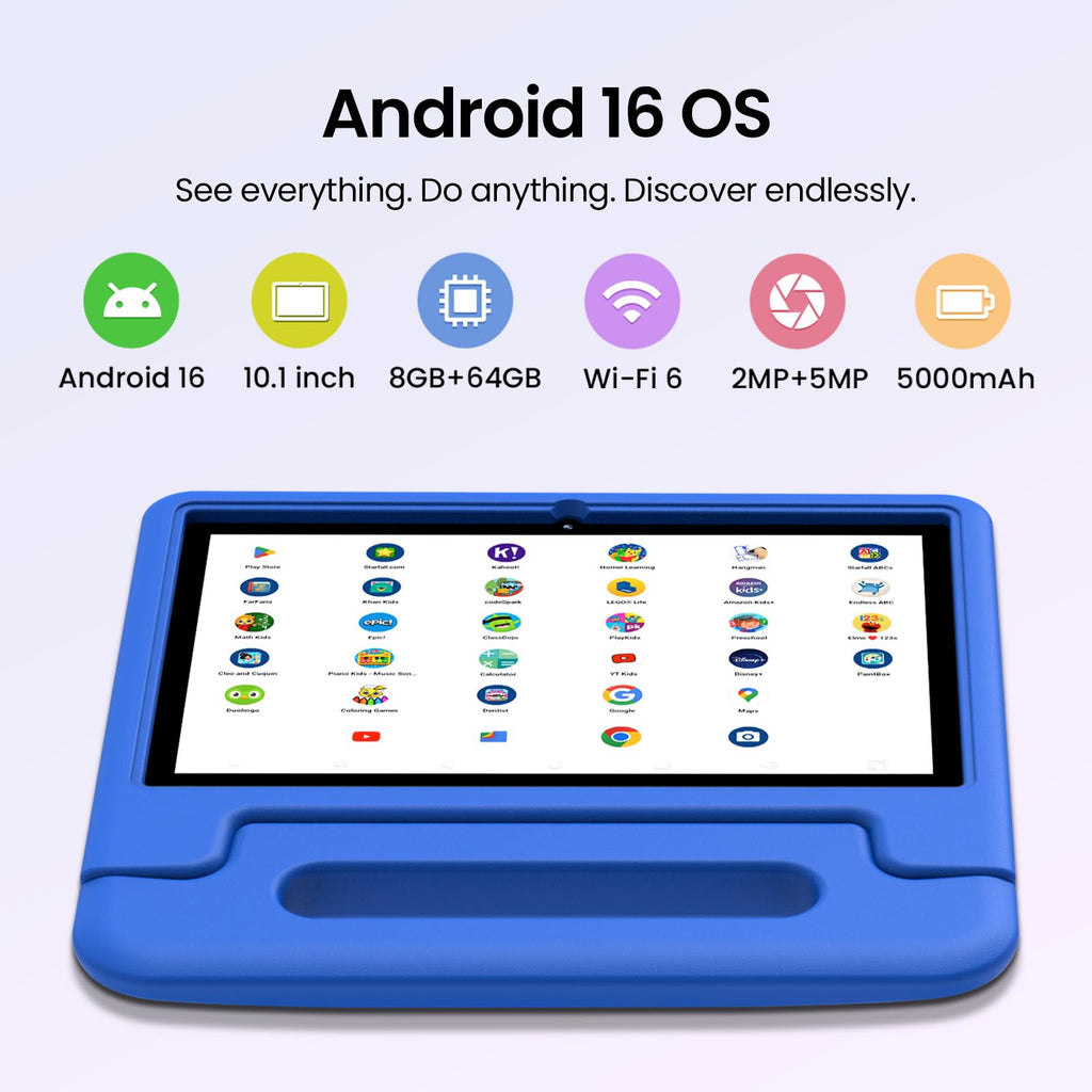 Android 16 Kids Tablet 10 Inch HD Display 8GB RAM 64GB ROM Blue Y8529