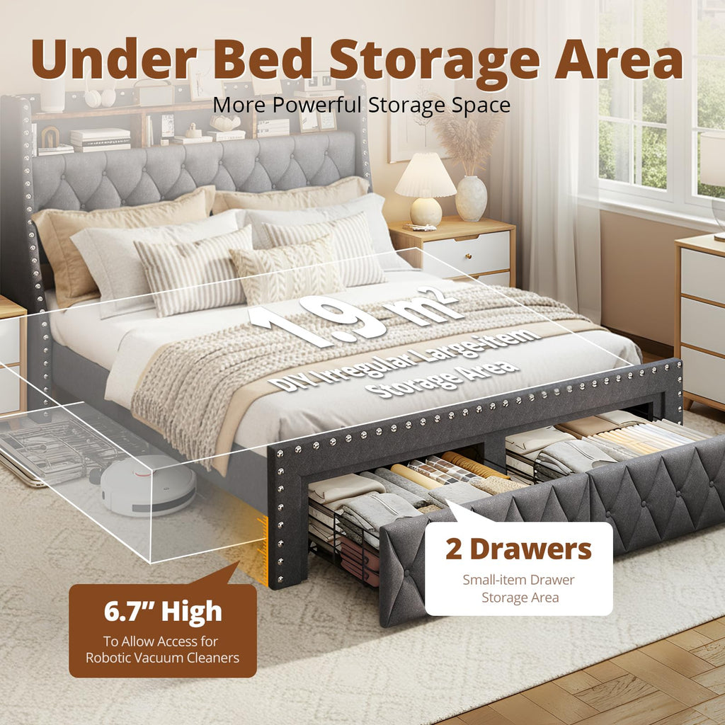 1000LBs Full Bed Frame with Hidden Storage, 2 Drawers and Charging Station E8283